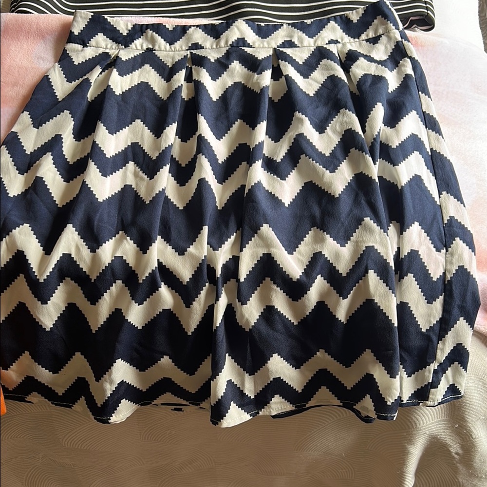 Blue and White Pleated Skater Mini Skirt